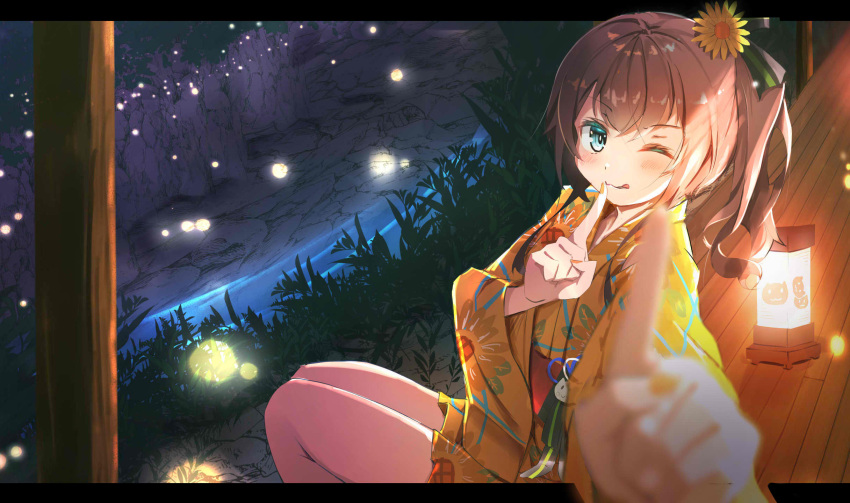 0344 1girl bangs blue_eyes brown_hair commentary_request finger_to_mouth floating_lights floral_print flower hair_between_eyes hair_flower hair_ornament highres hololive index_finger_raised japanese_clothes kimono lantern letterboxed looking_at_viewer medium_hair natsuiro_matsuri one_eye_closed plant river short_kimono short_yukata side_ponytail sitting solo sunflower_hair_ornament sunflower_print tongue tongue_out virtual_youtuber wooden_beam wooden_floor yukata