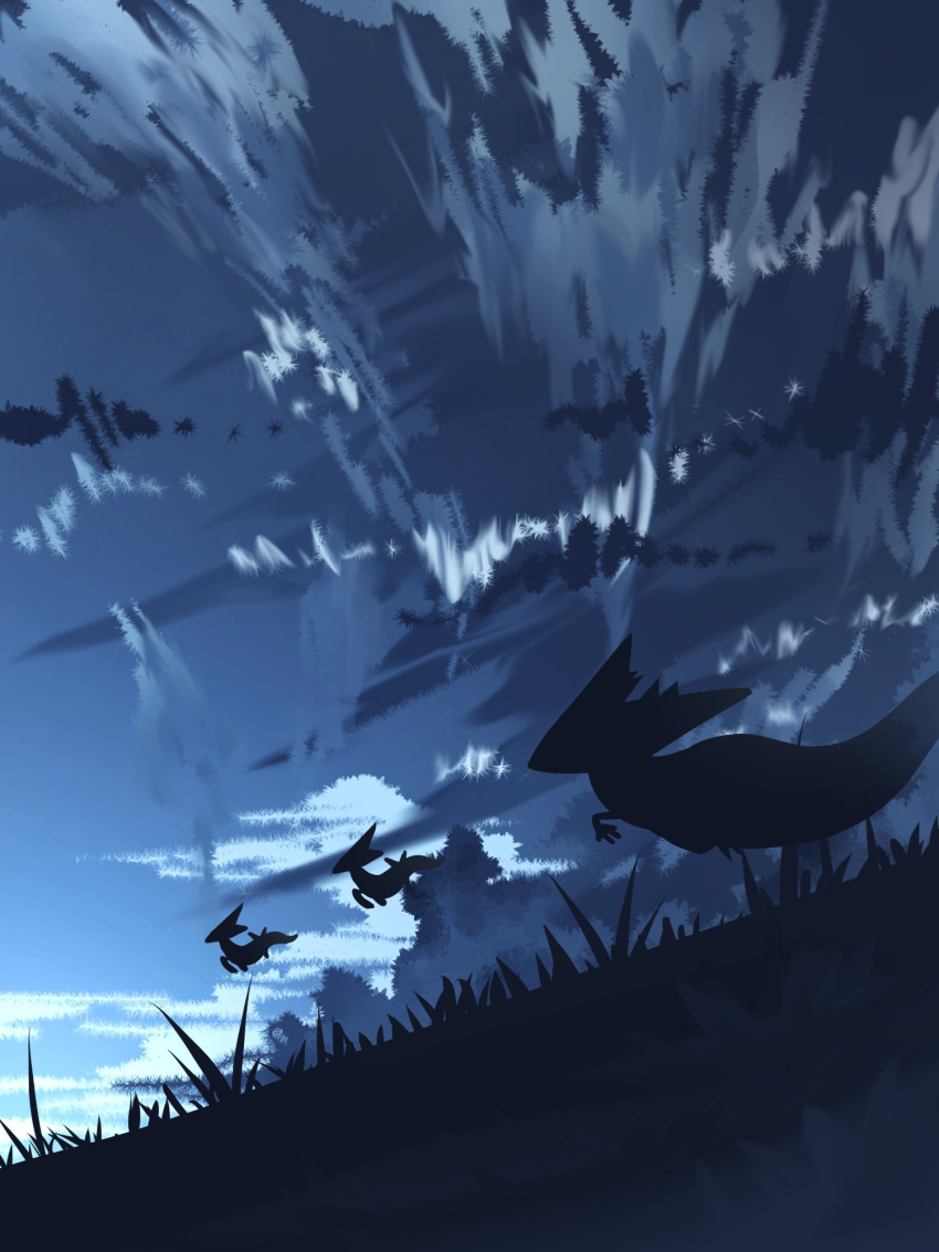 alu_drp clouds commentary_request dark dragapult dreepy from_below grass highres night no_humans outdoors pokemon pokemon_(creature) silhouette sky