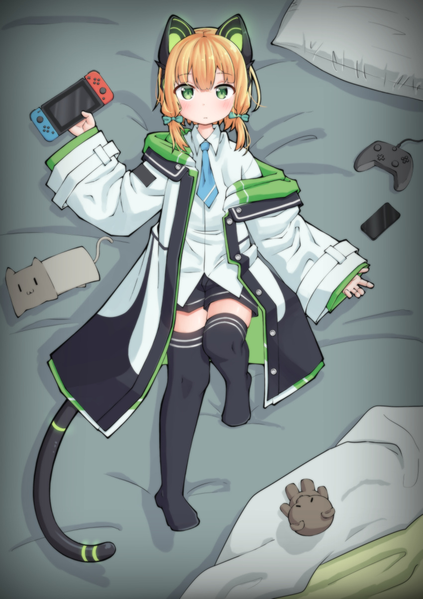 1girl animal_ears blonde_hair blue_archive blush cat_ear_headphones cat_ears controller full_body game_controller green_eyes headphones highres jacket midori_(blue_archive) necktie pillow school_uniform short_hair shorts sidelocks solo stuffed_toy thigh-highs twintails xotkd5972