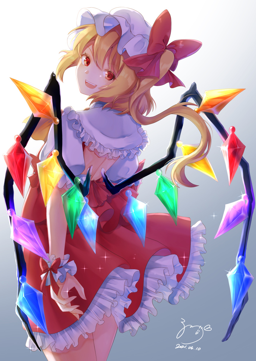 1girl :d absurdres bangs blonde_hair bow commentary_request cowboy_shot crystal dated eyebrows_visible_through_hair flandre_scarlet frilled_shirt_collar frills from_behind gradient gradient_background grey_background hair_between_eyes hair_bow hat highres looking_at_viewer looking_back mob_cap one_side_up open_mouth petticoat puffy_short_sleeves puffy_sleeves red_bow red_eyes red_skirt red_vest short_hair short_sleeves sidelighting signature simple_background skirt smile solanikieru solo standing teeth touhou upper_teeth vest white_headwear wings wrist_cuffs