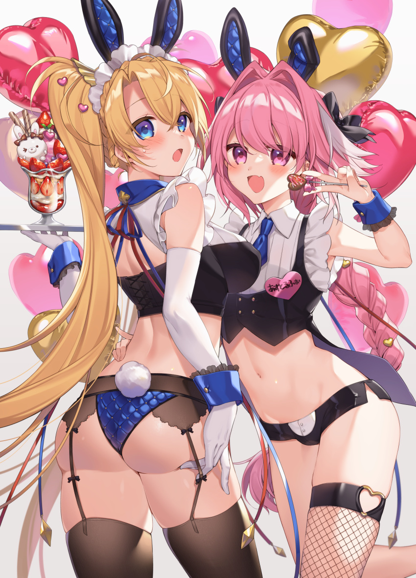 1boy 1girl absurdres ass astolfo_(fate) bangs bare_shoulders blonde_hair blue_eyes blush bow bradamante_(fate) braid braided_ponytail breasts citron_82 commentary_request crown_braid fate/apocrypha fate/grand_order fate_(series) hair_bow hair_intakes highres large_breasts long_hair looking_at_viewer multicolored_hair otoko_no_ko pink_hair streaked_hair thighs twintails very_long_hair violet_eyes white_hair