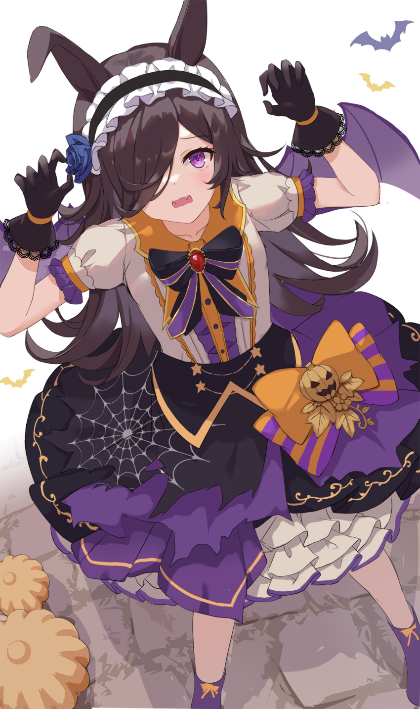1girl animal_ears arms_up bangs bat_wings black_bow black_gloves blue_flower blue_rose blush bow brown_hair claw_pose commentary_request eyebrows_visible_through_hair fangs feet_out_of_frame flower frilled_hairband frilled_skirt frills from_above gloves hair_flower hair_ornament hair_over_one_eye hairband highres horse_ears horse_girl lace-trimmed_gloves lace_trim long_hair looking_at_viewer make_up_in_halloween!_(umamusume) open_mouth purple_skirt rice_shower_(umamusume) rose serika shirt short_sleeves skirt solo standing umamusume violet_eyes white_shirt wings
