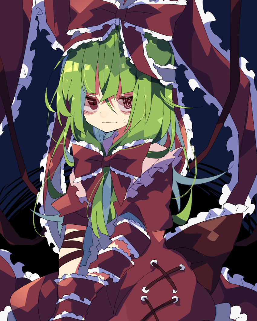 1girl arm_ribbon bangs blue_background bow closed_mouth commentary_request dress frilled_ribbon frills front_ponytail green_hair hair_between_eyes hair_bow hair_ribbon highres kagiyama_hina long_hair looking_at_viewer mismatched_pupils nikorashi-ka red_bow red_dress red_eyes red_ribbon ribbon short_sleeves solo touhou upper_body
