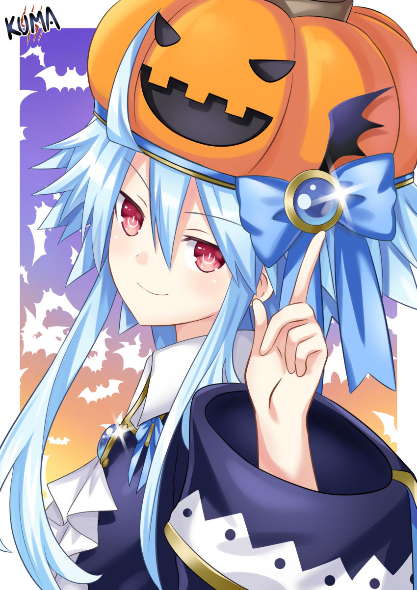1girl absurdres bat_background blanc_(neptune_series) blue_hair finger_gun from_side hair_between_eyes halloween halloween_costume hand_up highres lewdkuma long_sleeves looking_at_viewer looking_back looking_to_the_side mainichi_compile_heart neptune_(series) official_alternate_costume power_symbol pumpkin_hat red_eyes short_hair_with_long_locks smile solo symbol-shaped_pupils upper_body white_heart wide_sleeves