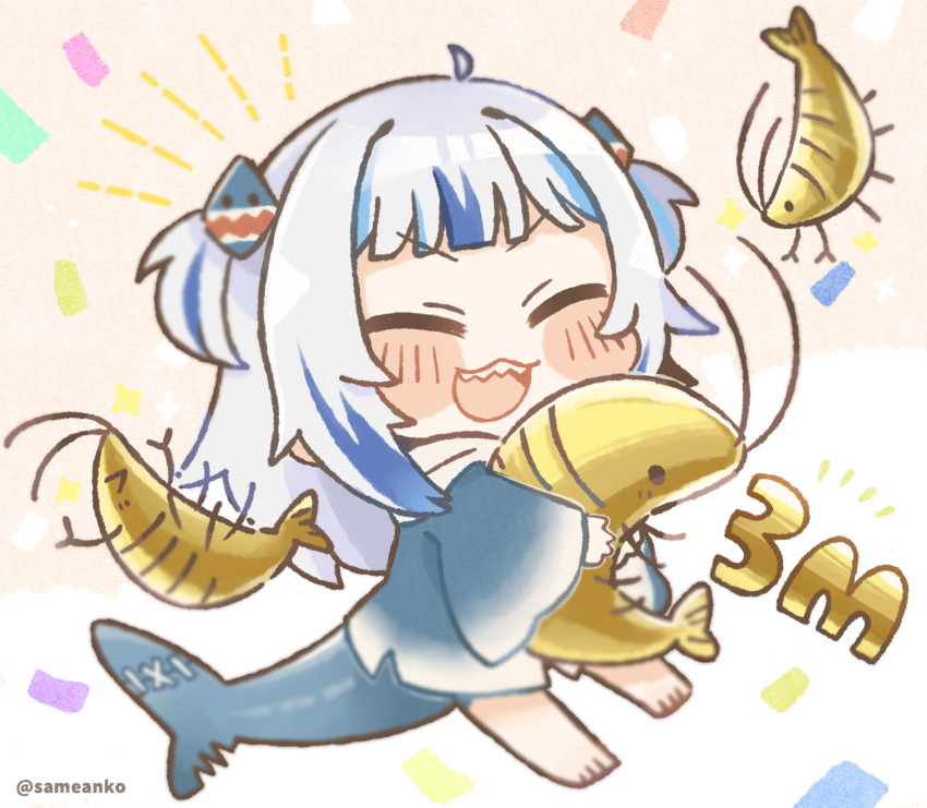 1girl :d bangs blue_hair blunt_bangs blush chibi closed_mouth commentary dated_commentary fish_tail gawr_gura hair_ornament highres holding hololive hololive_english milestone_celebration multicolored_hair open_mouth same_anko shark_hair_ornament shark_tail sharp_teeth shrimp smile solo streaked_hair tail teeth two-tone_hair two_side_up v-shaped_eyebrows virtual_youtuber white_hair wide_sleeves