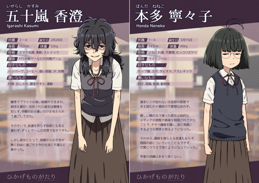 2girls beige_background blue_vest breasts brown_vest character_name character_profile character_sheet commentary_request covered_eyes english_text freckles glasses hair_ornament hair_over_eyes honda_neneko igarashi_kasumi long_hair long_skirt multiple_girls neck_ribbon original red_neckwear ribbon shirt_tucked_in short_hair skirt tented_shirt text_focus thigh-highs translation_request urin vest