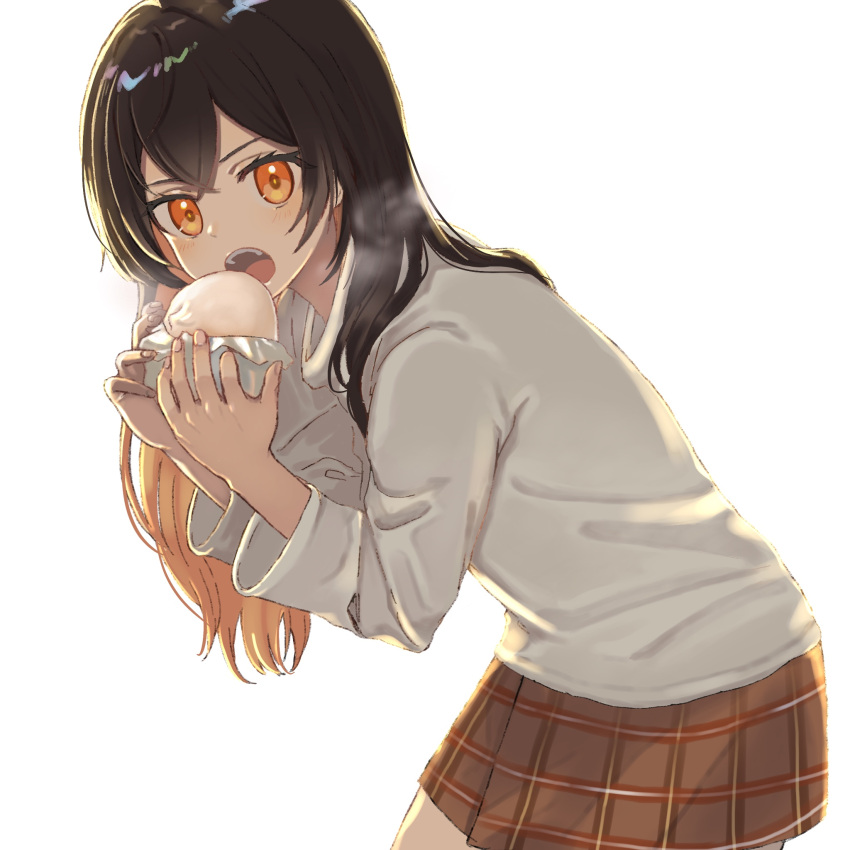 1girl bangs baozi brown_hair brown_skirt colored_inner_hair commentary_request crossed_bangs eating food food_wrapper hands_up highres holding holding_food leaning_forward long_hair long_sleeves looking_at_viewer multicolored_hair nanaponi open_mouth orange_eyes orange_hair original plaid plaid_skirt shirt simple_background skirt solo steam teeth turtleneck upper_teeth white_background white_shirt