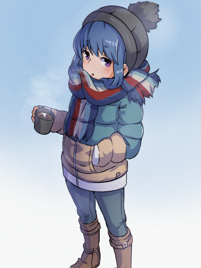 1girl :o bangs beanie black_headwear blue_hair blue_jacket blue_pants boots brown_footwear commentary_request cup denim eyebrows_visible_through_hair fringe_trim hand_in_pocket hat highres holding holding_cup jacket jeans knee_boots kuro_kosyou long_sleeves pants parted_lips scarf shima_rin short_eyebrows solo standing steam thick_eyebrows violet_eyes yurucamp