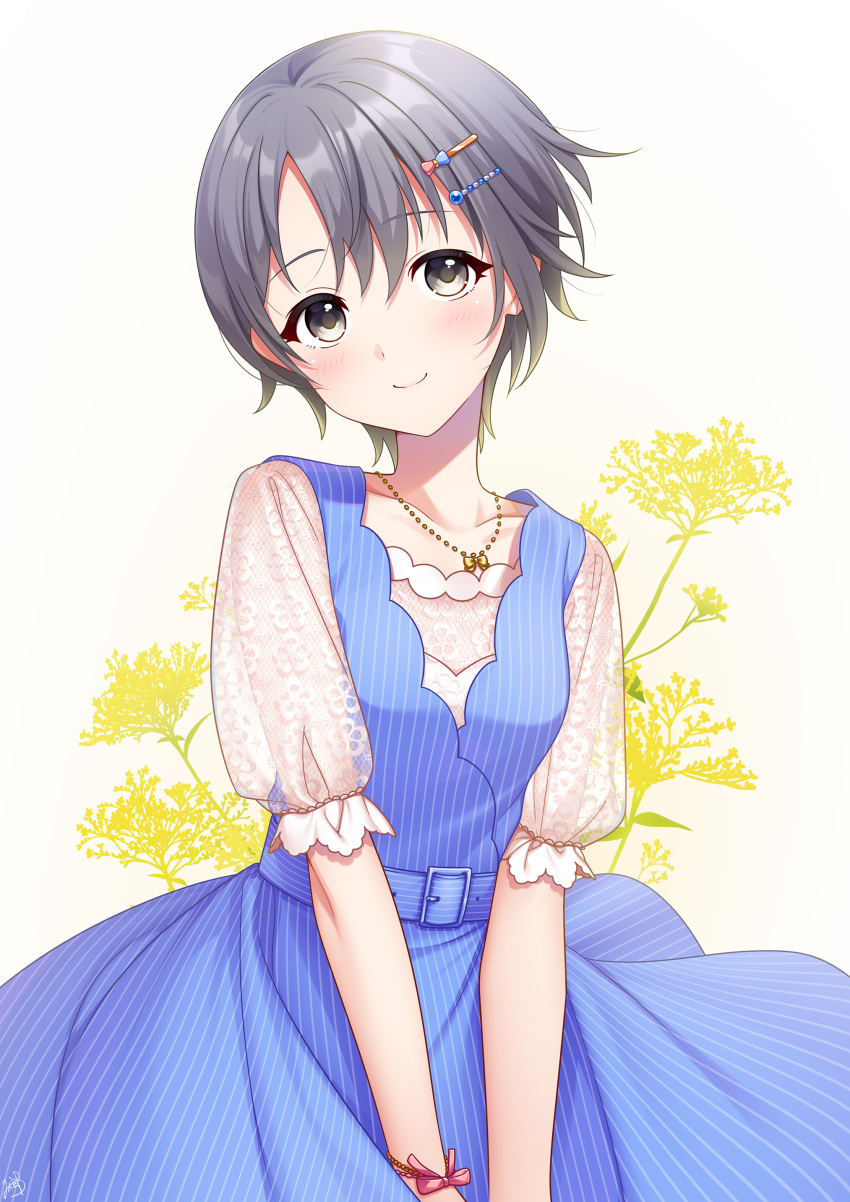 1girl absurdres bangs beige_background belt belt_buckle blue_belt blue_dress blush bow bracelet buckle closed_mouth collarbone commentary_request cowboy_shot dress eyebrows_visible_through_hair floral_background floral_print flower gradient gradient_background grey_eyes grey_hair hair_between_eyes hair_ornament hairclip head_tilt highres idolmaster idolmaster_cinderella_girls jewelry looking_at_viewer mikapoe necklace otokura_yuuki pendant pinafore_dress print_shirt red_bow see-through shirt short_hair short_sleeves smile solo standing striped striped_belt v_arms vertical-striped_dress vertical_stripes white_background white_shirt wrist_bow yellow_flower