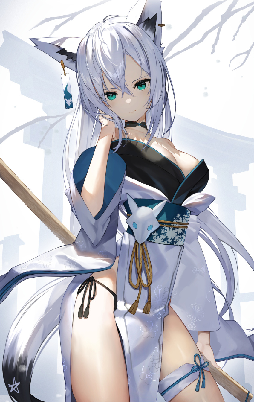 1girl absurdres animal_ears aqua_eyes bangs black_choker breasts choker commentary_request cowboy_shot ear_piercing ear_tag fox_ears fox_girl fox_tail hair_between_eyes hand_up highres holding hololive japanese_clothes kimono large_breasts long_hair long_sleeves looking_at_viewer obi off_shoulder panty_straps piercing sash shirakami_fubuki solo standing sukocchi tail thigh_strap torii virtual_youtuber white_hair white_kimono wide_sleeves