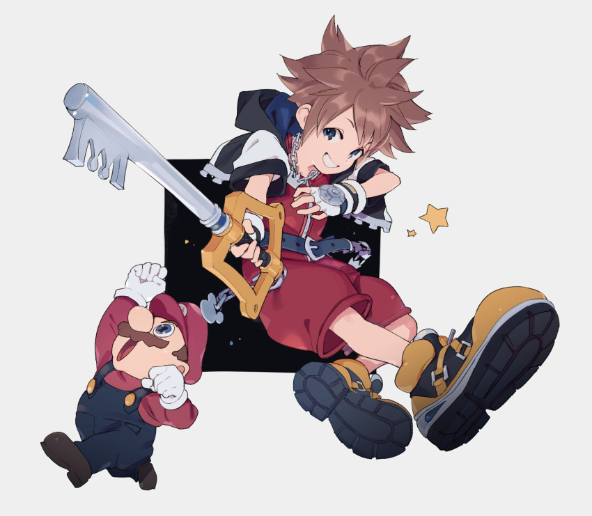 2boys blue_eyes brown_hair facial_hair fingerless_gloves gloves hat highres hood jewelry keyblade kingdom_hearts kingdom_hearts_i mario multiple_boys mustache necklace open_mouth overalls shoes short_hair smile sora_(kingdom_hearts) spiky_hair super_mario_bros. super_smash_bros. urayamashiro_(artist)