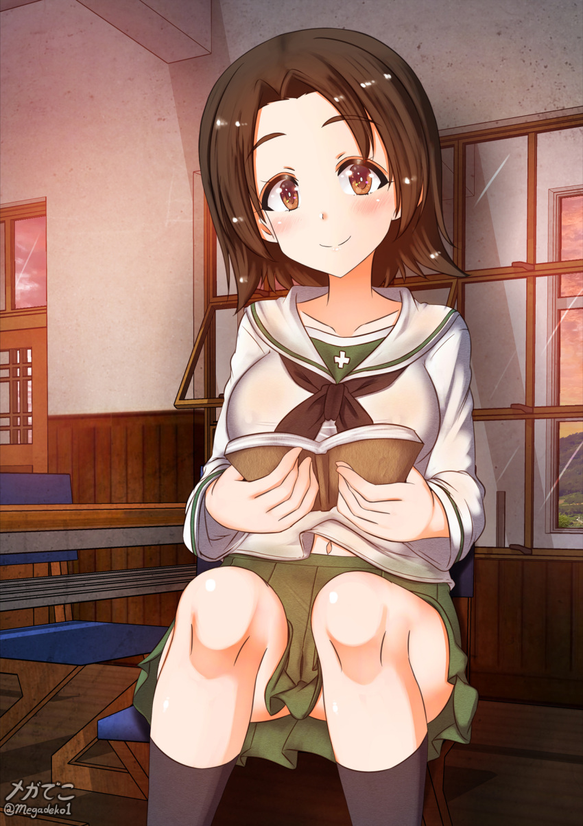 1girl aquaegg blush book breasts brown_eyes brown_hair closed_mouth collarbone eyebrows_visible_through_hair girls_und_panzer green_skirt highres indoors large_breasts looking_at_viewer navel ooarai_school_uniform pleated_skirt reading sawa_azusa school_uniform shiny shiny_hair shiny_skin short_hair sitting skirt smile solo
