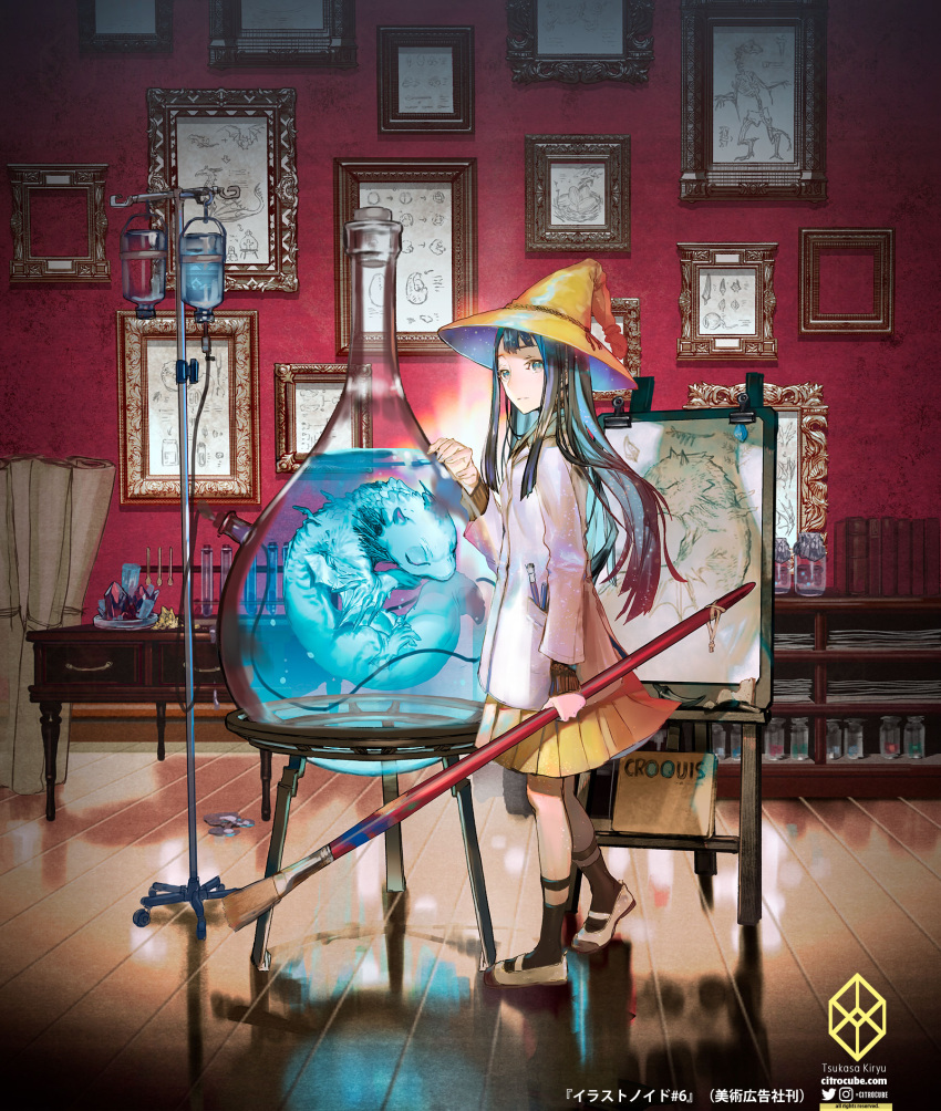 1girl black_hair closed_mouth commentary_request crystal dragon fantasy flask green_eyes hat highres indoors intravenous_drip jar kiryuu_tsukasa_(citrocube) labcoat long_hair long_sleeves looking_at_viewer multicolored_hair original paintbrush painting_(object) pleated_skirt redhead scroll shoes skirt socks solo standing submerged test_tube water witch witch_hat wooden_floor