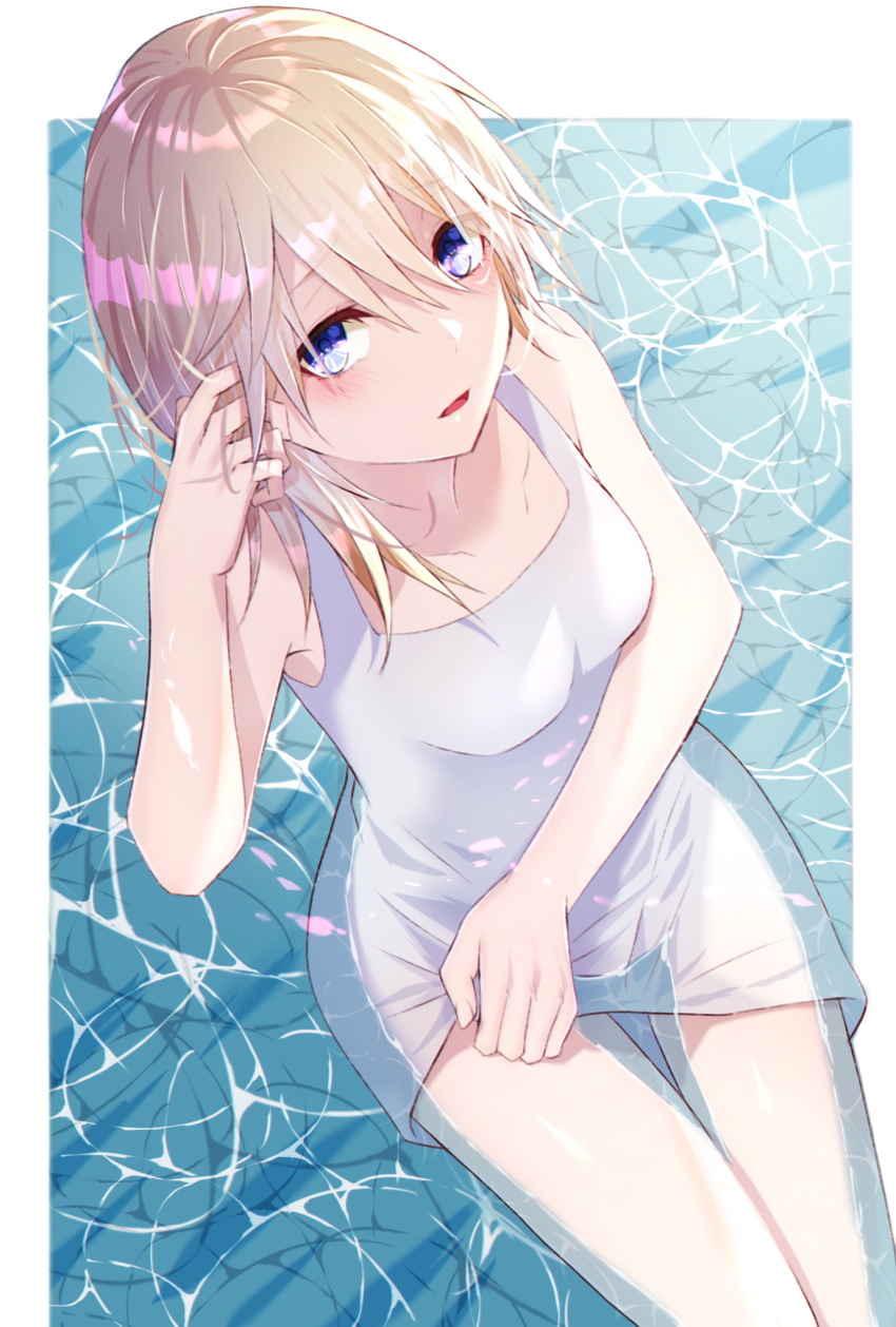 1girl blonde_hair blue_eyes blush breasts dande_cat dress highres in_water kingdom_hearts kingdom_hearts_ii long_hair looking_at_viewer namine open_mouth sitting solo water wet wet_clothes white_dress