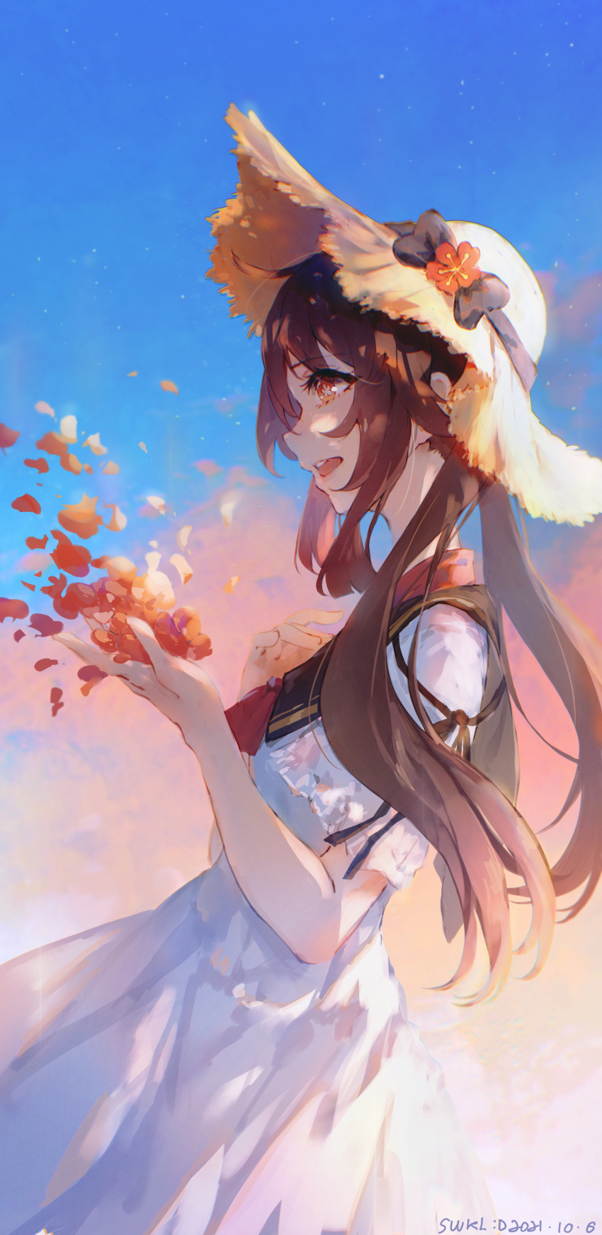 1girl absurdres alternate_costume artist_name black_bow black_sailor_collar blue_sky bow brown_hair clouds cowboy_shot dated day dress flower flower-shaped_pupils from_side genshin_impact hand_on_own_chest hat hat_bow hat_flower hat_ornament highres hu_tao_(genshin_impact) long_hair open_mouth outdoors petals profile red_eyes red_flower sailor_collar sailor_dress short_sleeves sidelocks sideways_mouth sky solo straw_hat sunlight swkl:d twintails white_dress yellow_headwear