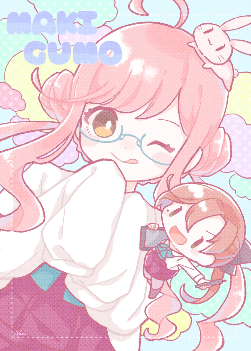 2girls :q ahoge akigumo_(kancolle) bangs blue-framed_eyewear blush brown_hair character_name double_bun dress glasses highres holding holding_tablet_pc kantai_collection long_hair long_sleeves makigumo_(kancolle) minigirl mole mole_under_eye multiple_girls nada_namie one_eye_closed open_mouth pink_hair purple_dress rabbit school_uniform shirt sleeves_past_fingers sleeves_past_wrists stylus tablet_pc tongue tongue_out twintails white_shirt yellow_eyes