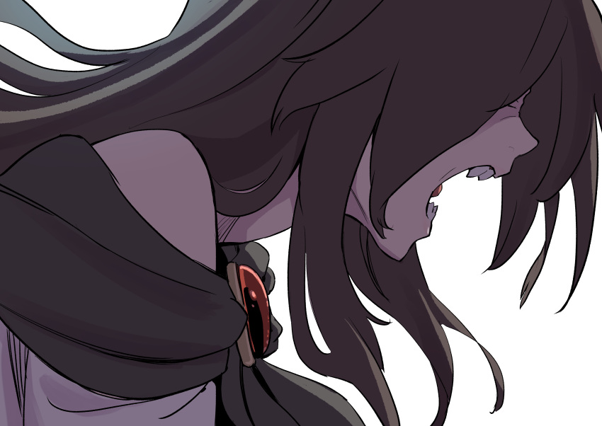 1girl absurdres bare_shoulders black_hair brooch close-up commentary_request covered_eyes highres imaizumi_kagerou jewelry kawayabug long_hair no_eyes sharp_teeth simple_background solo teeth touhou white_background