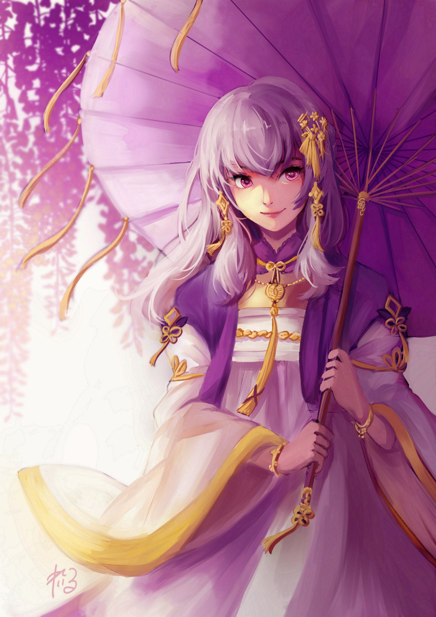 1girl chinese_clothes english_commentary eyebrows_behind_hair fire_emblem fire_emblem:_three_houses flat_chest hanfu highres holding holding_umbrella korean_clothes long_hair looking_to_the_side lysithea_von_ordelia purple_hair reiru sidelocks signature smile solo sunlight umbrella violet_eyes
