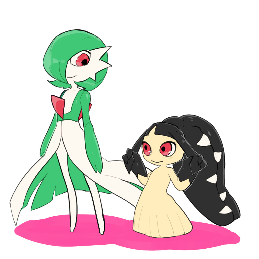 2girls arms_at_sides bangs black_hair black_skin blunt_bangs closed_mouth colored_skin commentary enden_(pixiv_57969220) flat_chest flat_color full_body gardevoir green_hair green_skin hair_over_one_eye hands_up happy height_difference highres long_hair looking_at_another looking_down looking_to_the_side mawile multicolored multicolored_skin multiple_girls playing_with_own_hair pokemon pokemon_(creature) red_eyes sharp_teeth shiny shiny_hair shiny_skin short_hair smile standing teeth two-tone_skin very_long_hair white_background white_skin yellow_skin