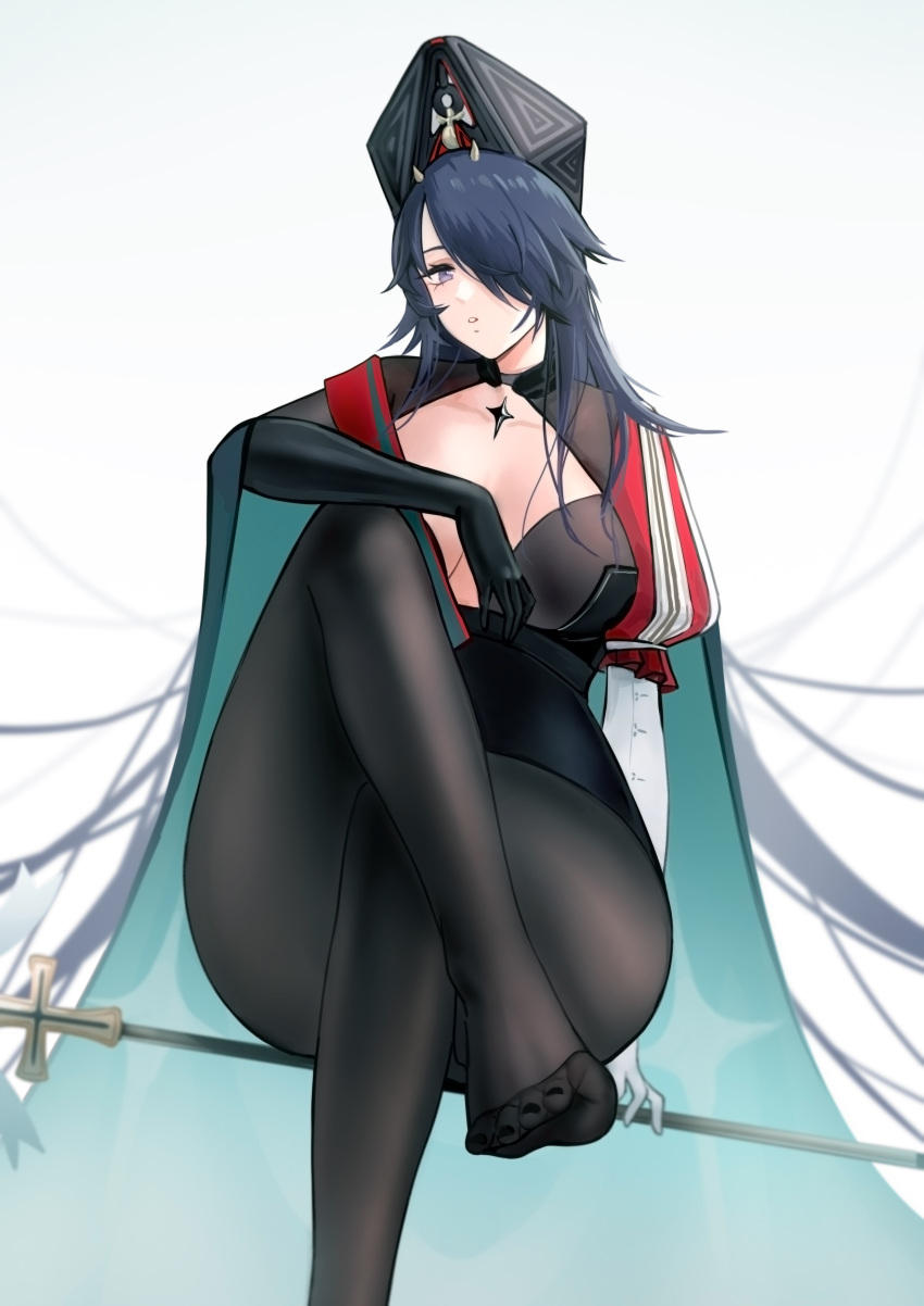 1girl absurdres arm_behind_back azur_lane black_corset black_gloves black_headwear black_legwear blue_eyes blue_hair breasts character_request cl_(summer_sama) collarbone corset cross crossed_legs elbow_gloves eyebrows_visible_through_hair feet gloves hair_over_one_eye highres holding holding_scepter holding_wand huge_breasts jewelry legs long_hair looking_at_viewer marco_polo_(azur_lane) multicolored multicolored_clothes multicolored_gloves necklace no_shoes pantyhose scepter simple_background sitting solo toes wand white_gloves