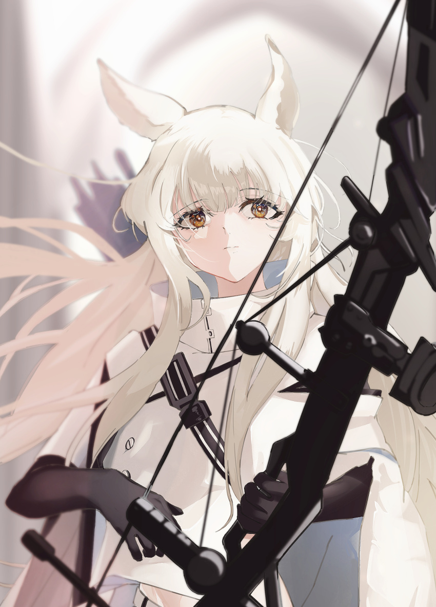 1girl animal_ears arknights black_gloves blurry blurry_background bow bow_(weapon) commentary compound_bow floating_hair gloves highres holding holding_bow horse_ears jacket long_hair looking_at_viewer midu5 platinum_(arknights) quiver sidelocks solo straight-on upper_body weapon white_hair white_jacket yellow_eyes