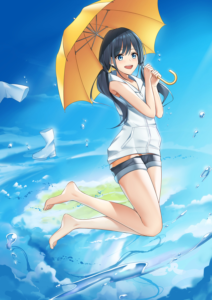 1girl :d amano_hina_(tenki_no_ko) arms_up bare_shoulders barefoot blue_eyes blue_sky boots clouds eyebrows_visible_through_hair feet hair_between_eyes highres holding holding_umbrella jumping knees_together_feet_apart micro_shorts open_mouth pocket shoes shoes_removed shorts sky smile solo teeth tenki_no_ko tied_hair toes twintails umbrella upper_teeth vest vvy water water_drop white_vest yellow_umbrella zipper