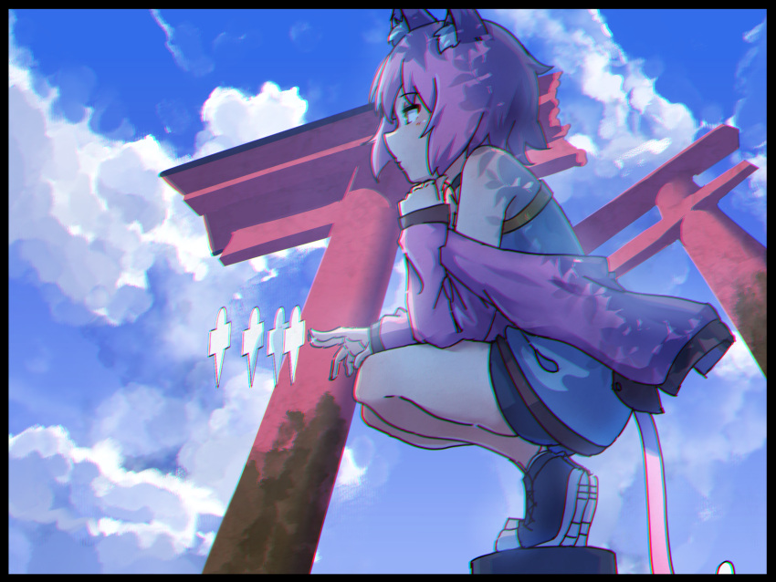 1girl animal_ear_fluff animal_ears bare_shoulders black_border black_footwear black_shorts blue_shirt blue_sky border cat_ears cat_girl cat_tail chromatic_aberration clouds cloudy_sky commentary_request day from_side highres jacket kuro_kosyou long_sleeves looking_away off_shoulder open_clothes open_jacket original outdoors pink_hair profile shikigami shirt shoe_soles shoes short_shorts shorts sky sleeves_past_wrists solo tail tiptoes torii