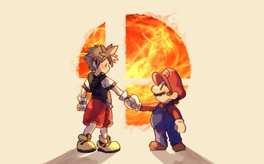 2boys asada_sadao blue_eyes brown_hair chibi facial_hair hat highres jewelry keyblade kingdom_hearts kingdom_hearts_i male_focus mario multiple_boys mustache overalls simple_background smile sora_(kingdom_hearts) spiky_hair super_mario_bros. super_smash_bros.