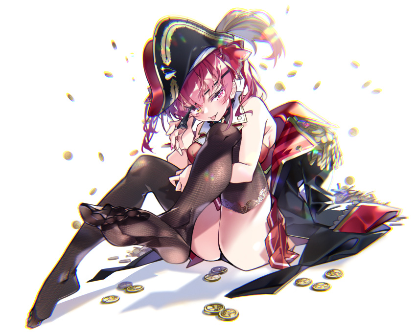 1girl absurdres armpits bangs bare_shoulders black_coat black_headwear black_legwear black_panties bow breasts buttons chromatic_aberration coat coat_removed coin double-breasted epaulettes eyepatch eyepatch_pull feet full_body hair_bow hat hayakawa_harui heterochromia highres hololive houshou_marine large_breasts looking_at_viewer panties pirate_hat pleated_skirt red_bow red_eyes red_skirt red_vest redhead sitting skirt solo thigh-highs twintails underwear vest virtual_youtuber yellow_eyes