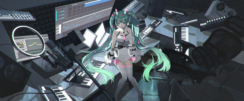 1girl bare_shoulders blue_hair boots braid cable chair collared_dress computer desk dress english_commentary floating floating_object galaxy_live_(vocaloid) gloves hairband hatsune_miku headgear highres holographic_monitor indoors instrument keyboard_(instrument) laptop long_hair microphone nakai_(nnnjpg) office_chair on_desk sitting sitting_on_desk sleeveless sleeveless_dress solo speaker star_(symbol) synthesizer tape_recorder thigh-highs tile_floor tiles twintails very_long_hair vocaloid white_dress white_footwear white_gloves white_legwear