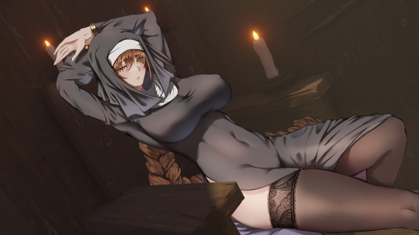 1girl arm_up braid breasts brown_hair candle character_request covered_navel covered_nipples highres jim_dez large_breasts long_hair nun side_slit single_braid sitting skindentation solo thighs very_long_hair virtual_youtuber yellow_eyes