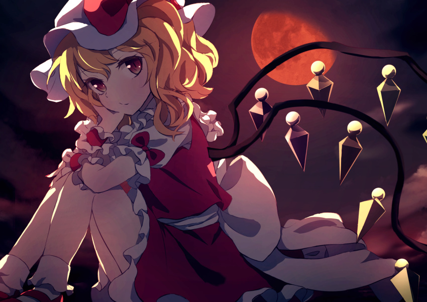 blonde_hair bobby_socks bow crystal dise eyebrows_visible_through_hair flandre_scarlet frilled_shirt frilled_shirt_collar frilled_skirt frilled_sleeves frills hat hat_ribbon highres looking_at_viewer medium_hair mob_cap moon one_side_up ponytail puffy_short_sleeves puffy_sleeves red_bow red_eyes red_footwear red_ribbon red_skirt red_vest ribbon shirt short_sleeves skirt skirt_set socks touhou vest white_bow white_shirt wings