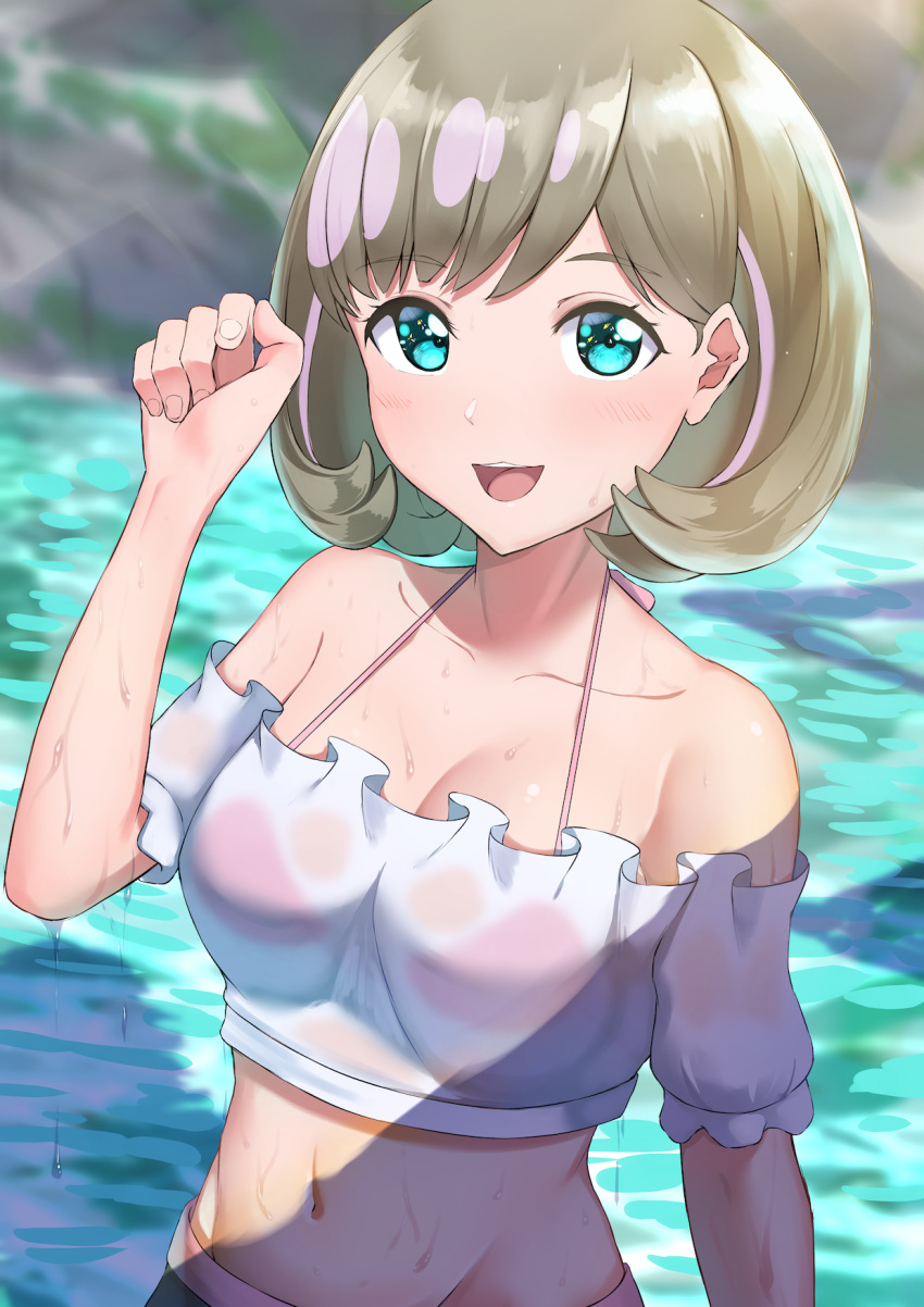 1girl bare_shoulders bikini blue_eyes blush brown_hair collarbone eyebrows_visible_through_hair frills highres looking_at_viewer love_live! love_live!_superstar!! midriff navel open_mouth outdoors pink_bikini r2pi see-through shiny shiny_hair short_hair smile solo strapless swimsuit tang_keke tube_top wet wet_clothes