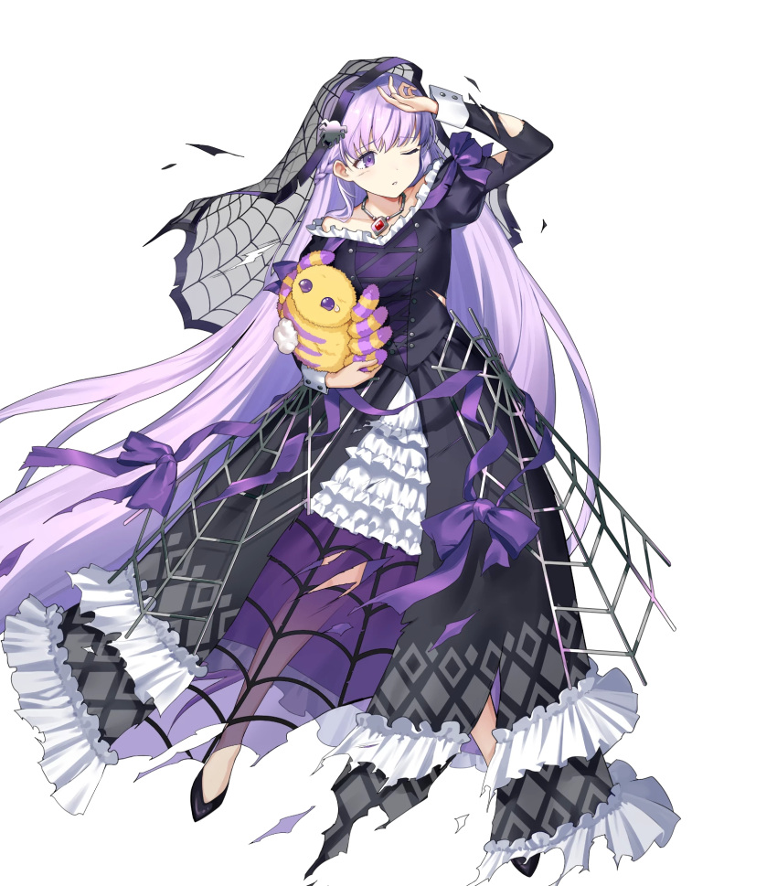 1girl arm_up bangs black_dress black_footwear dress eyebrows_visible_through_hair fire_emblem fire_emblem:_the_binding_blade fire_emblem_heroes frills full_body highres holding jewelry long_dress long_hair long_sleeves looking_away necklace official_art one_eye_closed purple_hair see-through shiny shiny_hair solo sophia_(fire_emblem) stuffed_toy torn_clothes torn_dress transparent_background urata_asao veil violet_eyes wrist_cuffs
