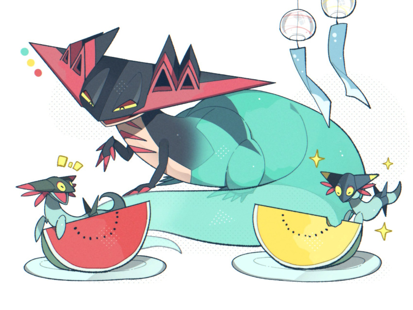 alu_drp bite_mark closed_eyes closed_mouth commentary_request dragapult dreepy eating highres looking_down no_humans notice_lines open_mouth plate pokemon pokemon_(creature) sparkle tongue watermelon_slice white_background