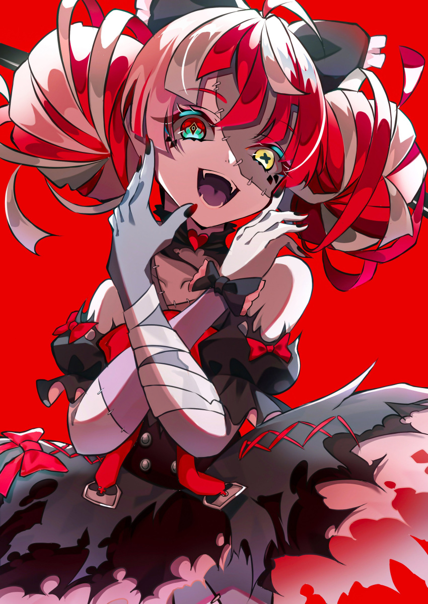 1girl absurdres bandaged_arm bandages bangs black_bow black_dress bow crossed_arms dress fangs grey_hair hair_bow head_tilt heterochromia highres hololive hololive_indonesia kureiji_ollie looking_at_viewer multicolored_hair open_mouth patchwork_skin pension_z pink_hair red_eyes redhead smile solo stitched_face torn_clothes torn_dress virtual_youtuber wrist_bow yellow_eyes zombie