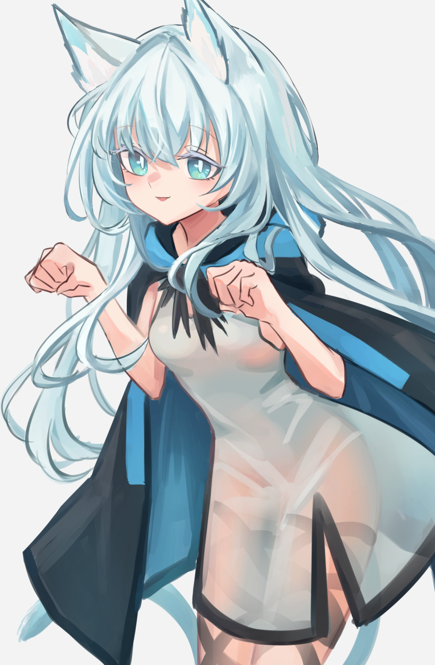 1girl animal_ear_fluff animal_ears arknights bangs black_cloak blue_eyes blue_hair breasts cloak commentary_request eyebrows_visible_through_hair grey_background hair_between_eyes hands_up highres hood hood_down hooded_cloak long_hair parted_lips rosmontis_(arknights) see-through shino_duka simple_background small_breasts smile solo tail very_long_hair