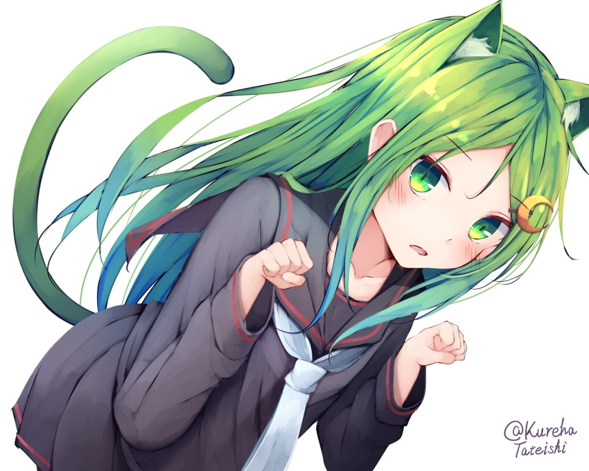 1girl animal_ears black_legwear black_serafuku cat_ears cat_tail cowboy_shot crescent crescent_hair_ornament dutch_angle extra_ears green_eyes green_hair hair_ornament highres kantai_collection leaning_forward long_hair looking_at_viewer nagatsuki_(kancolle) necktie one-hour_drawing_challenge paw_pose school_uniform serafuku simple_background solo tail tateishi_kureha twitter_username white_background white_neckwear