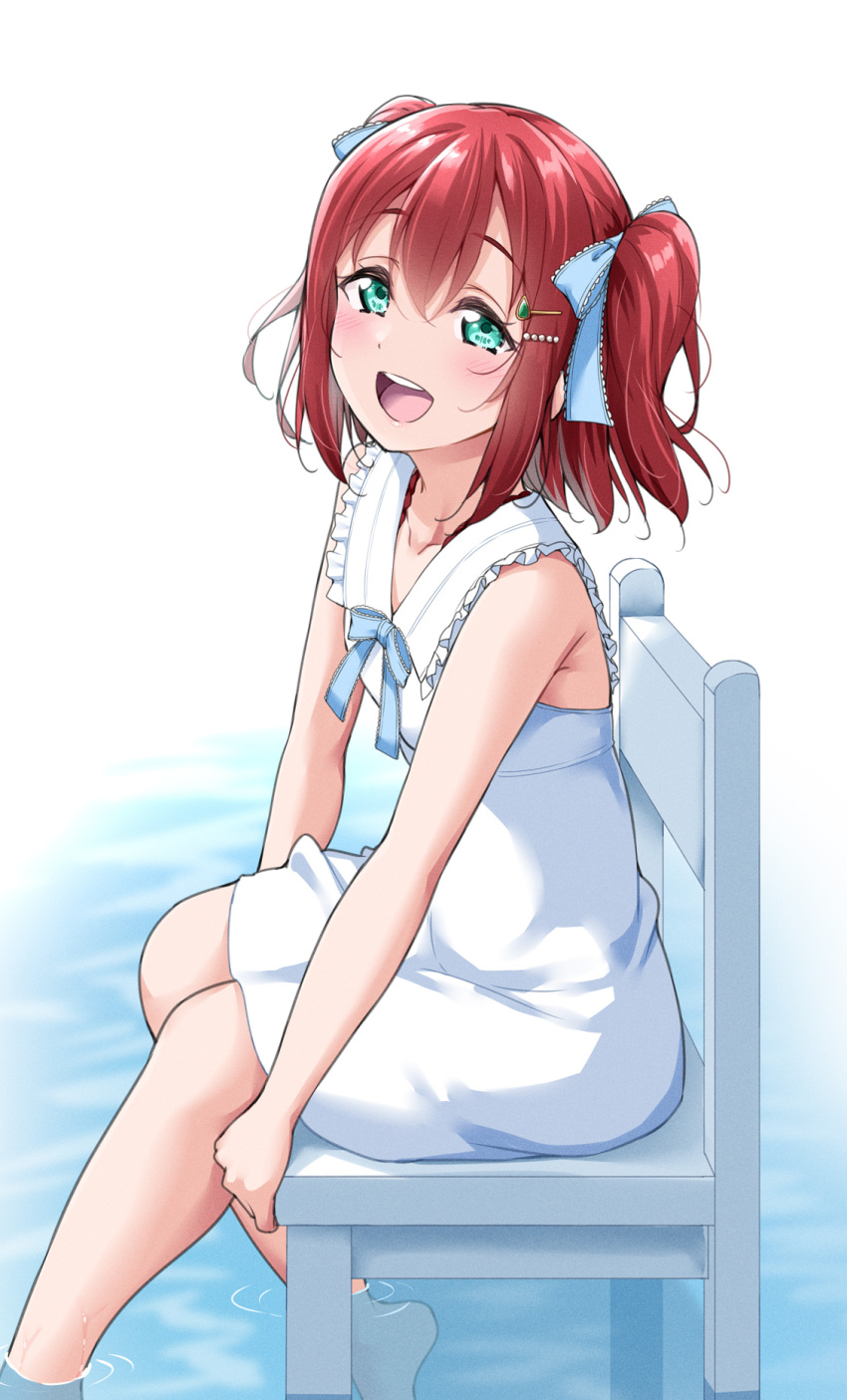 1girl bangs blue_ribbon blush breasts chair collarbone commentary_request dress eyebrows_visible_through_hair foot_out_of_frame gradient gradient_background green_eyes hair_between_eyes hair_ornament hair_ribbon happy highres knees_together_feet_apart kurosawa_ruby looking_at_viewer love_live! love_live!_sunshine!! open_mouth redhead ribbon shadow short_dress short_twintails sidelocks sitting sleeveless small_breasts smile solo tareme twintails water white_dress yopparai_oni