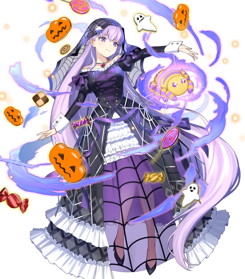 1girl aura bangs black_footwear candy closed_mouth cookie dark_aura dress eyebrows_visible_through_hair fire_emblem fire_emblem:_the_binding_blade fire_emblem_heroes floating floating_object food frills full_body high_heels highres jewelry lollipop long_dress long_hair long_sleeves looking_away necklace official_art puffy_sleeves purple_hair see-through smile solo sophia_(fire_emblem) stuffed_toy transparent_background urata_asao veil violet_eyes wrist_cuffs