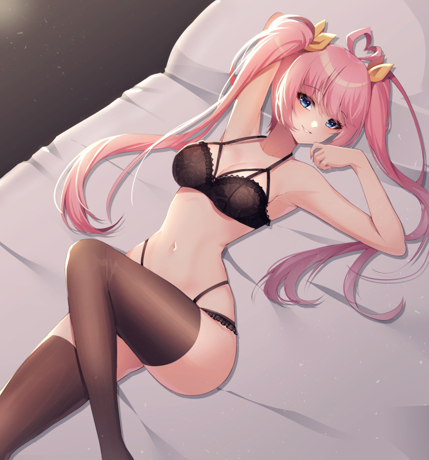 1girl absurdres bed black_bra black_legwear black_panties bra breasts hair_ribbon highres knee_up lace_trim lingerie looking_at_viewer lying navel on_back original panties pillow pink_hair ribbon seductive_smile small_breasts smile solo thigh-highs thong twintails ugwa underwear