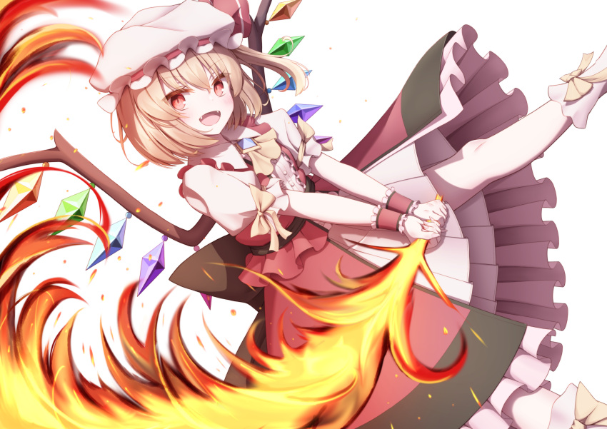 1girl absurdres alternate_costume ascot bangs belt blonde_hair boots bow brown_belt brown_bow buttons collar collared_shirt crystal dress eyebrows_visible_through_hair eyes_visible_through_hair fire flandre_scarlet flying gem hair_between_eyes hat hat_ribbon highres jewelry looking_at_viewer messiah_&amp;_crea mob_cap multicolored multicolored_wings one_side_up open_mouth pink_dress pink_footwear puffy_short_sleeves puffy_sleeves red_dress red_eyes red_ribbon ribbon shirt short_hair short_sleeves smile solo sword touhou weapon white_headwear white_shirt wings wrist_cuffs yellow_bow yellow_neckwear