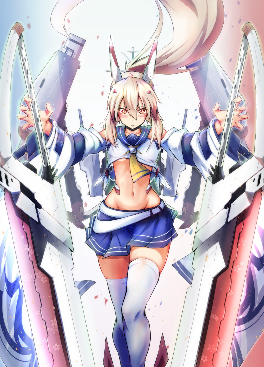 1girl absurdres ascot ayanami_(azur_lane) azur_lane bangs belt blue_skirt collarbone commentary_request detached_sleeves dual_wielding eyebrows_visible_through_hair gradient gradient_background greatsword groin hair_between_eyes hair_ornament hairclip headgear highres holding holding_sword holding_weapon long_hair long_sleeves looking_at_viewer machinery midriff navel orange_eyes outstretched_arms pleated_skirt ponytail retrofit_(azur_lane) ribbon-trimmed_sleeves ribbon_trim school_uniform serafuku sidelocks silver_hair simple_background skirt slit_pupils solo spread_arms stomach sword tenteru thigh-highs turret weapon white_legwear wide_sleeves wind zettai_ryouiki