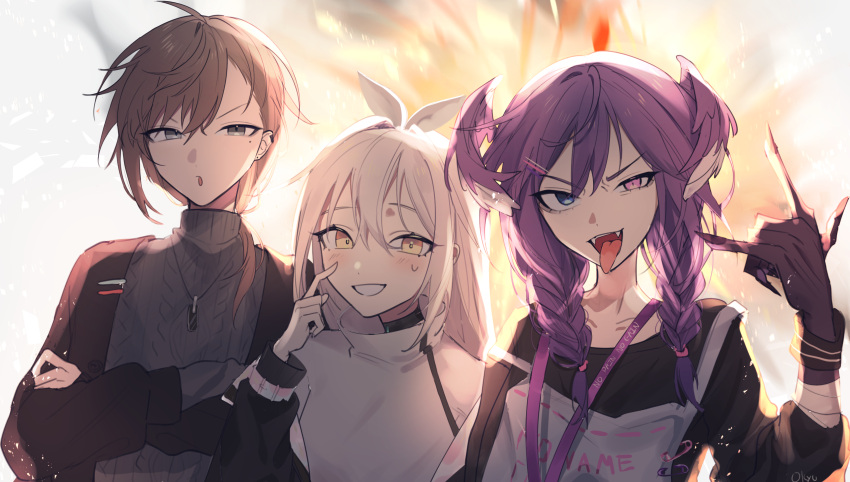 1boy 2girls :o \m/ black_cardigan black_sweater blue_eyes brown_hair cardigan cloak collarbone crossed_arms explosion grey_eyes hair_ribbon head_wings heterochromia highres kanae_(nijisanji) lanyard mole mole_under_eye multiple_girls nijisanji nijisanji_en okyurita purple_hair qualia_qu re:act ribbon selen_tatsuki smile sweater tied_hair tongue tongue_out v-shaped_eyebrows violet_eyes virtual_youtuber white_cloak white_hair yellow_eyes