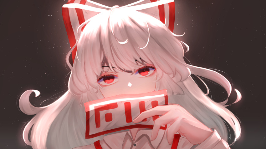 1girl absurdres bangs bow covering_mouth eyebrows_visible_through_hair fujiwara_no_mokou hair_bow hand_up highres imperishable_night light light_particles long_hair long_sleeves looking_at_viewer md5_mismatch ofuda red_eyes resolution_mismatch self_upload shirt silver_hair solo source_smaller touhou white_shirt yuhel