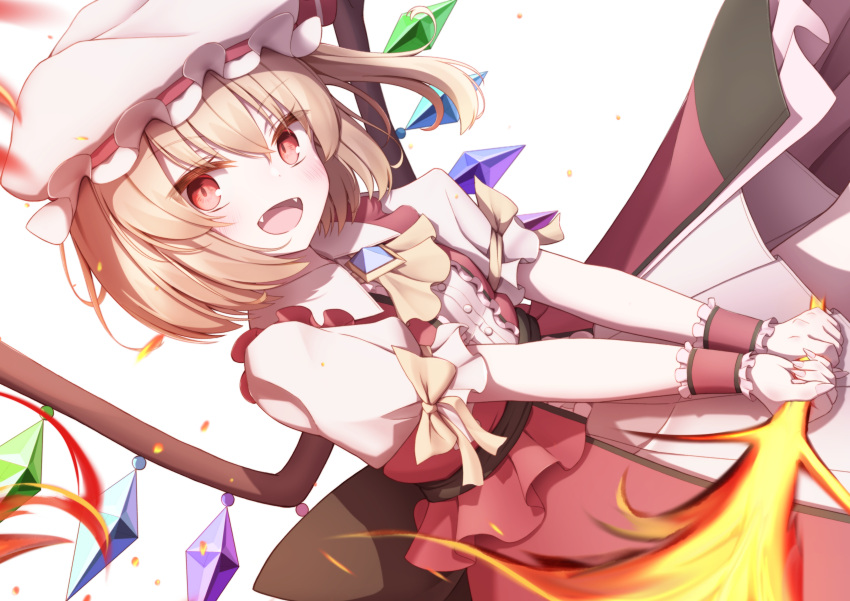 1girl absurdres alternate_costume ascot bangs blonde_hair blush bow buttons collar collared_shirt crystal dress eyebrows_visible_through_hair eyes_visible_through_hair fire flandre_scarlet flying gem hair_between_eyes hat hat_ribbon highres jewelry looking_at_viewer messiah_&amp;_crea mob_cap multicolored multicolored_wings open_mouth puffy_short_sleeves puffy_sleeves red_dress red_eyes red_ribbon ribbon shirt short_hair short_sleeves simple_background smile solo sword touhou weapon white_background white_headwear white_shirt wings wrist_cuffs yellow_bow yellow_neckwear