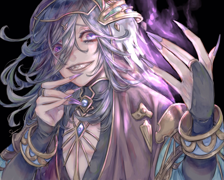 1girl bangs black_background black_hair bracelet breasts bridal_gauntlets commentary_request fingernails glowing glowing_eyes granblue_fantasy hair_between_eyes highres jewelry lich_(granblue_fantasy) long_fingernails messy_hair purple_nails sharp_fingernails sharp_teeth small_breasts smile solo susa_natsuo teeth violet_eyes