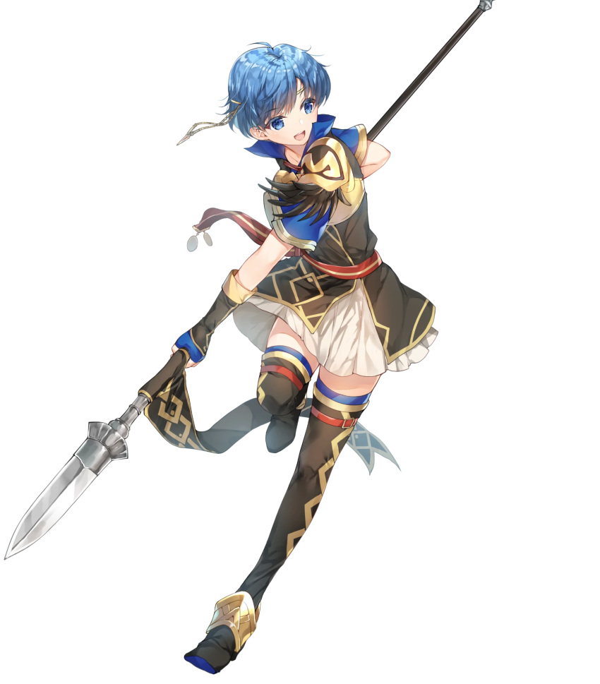 1girl alternate_costume armor bangs belt blue_eyes blue_hair blue_legwear boots breastplate dress elbow_gloves eyebrows_visible_through_hair feather_trim fingerless_gloves fingernails fire_emblem fire_emblem:_the_binding_blade fire_emblem_heroes full_body gloves gold_trim highres miwabe_sakura official_art shanna_(fire_emblem) shiny shiny_hair short_dress short_hair short_sleeves shoulder_armor skirt solo thigh-highs thigh_boots transparent_background zettai_ryouiki