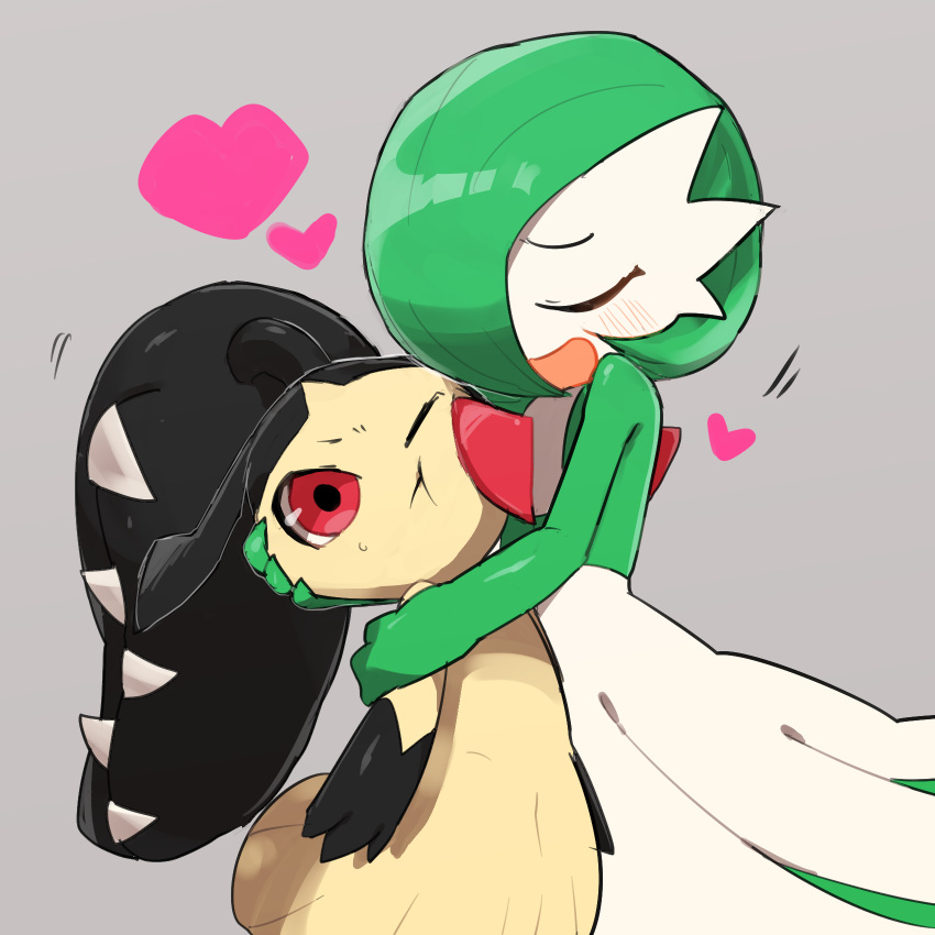 2girls arms_at_sides bangs black_hair black_skin blunt_bangs blush carrying cheek_squash closed_eyes closed_mouth colored_skin commentary enden_(pixiv_57969220) flat_chest gardevoir green_hair green_skin grey_background hair_over_one_eye hand_on_another's_cheek hand_on_another's_face happy heart highres hug long_hair mawile motion_lines multicolored multicolored_skin multiple_girls open_mouth pokemon pokemon_(creature) red_eyes sharp_teeth shiny shiny_hair shiny_skin short_hair smile standing sweat teeth two-tone_skin very_long_hair white_skin yellow_skin yuri
