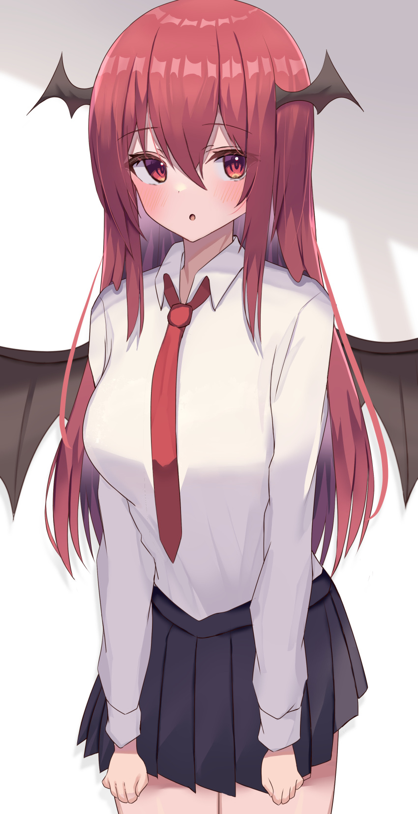 1girl absurdres aohane bat_wings black_skirt blush cowboy_shot eyebrows_visible_through_hair hair_between_eyes head_wings highres koakuma long_hair long_sleeves necktie parted_lips pleated_skirt red_eyes red_neckwear redhead shirt skirt solo touhou white_shirt wings